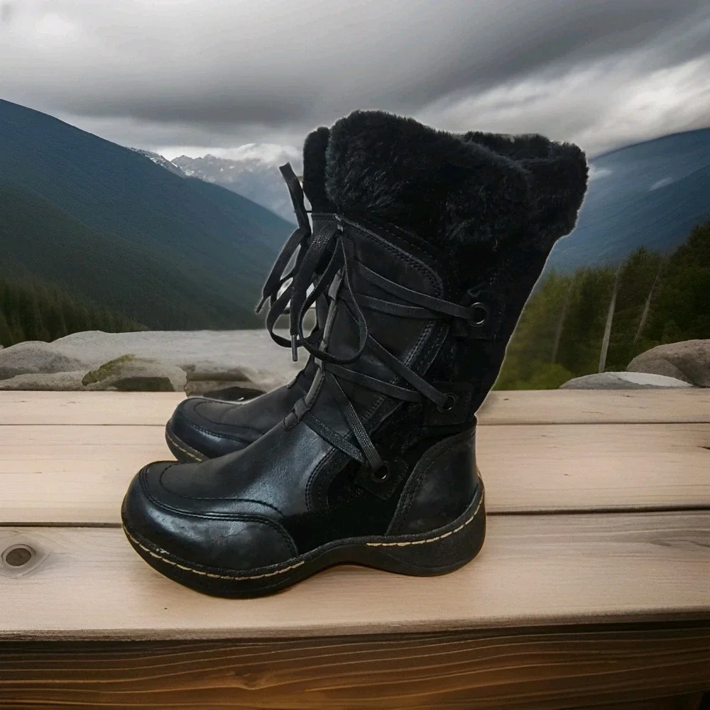Bear Traps Black Eloquent‎ Winter Boots Faux Fur size 6M Zip & Tie EUC